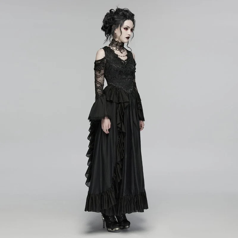 Gothic-Maxikleid für Damen mit Rüschen, Applikationen und Perlenbesatz, Hochzeitskleid