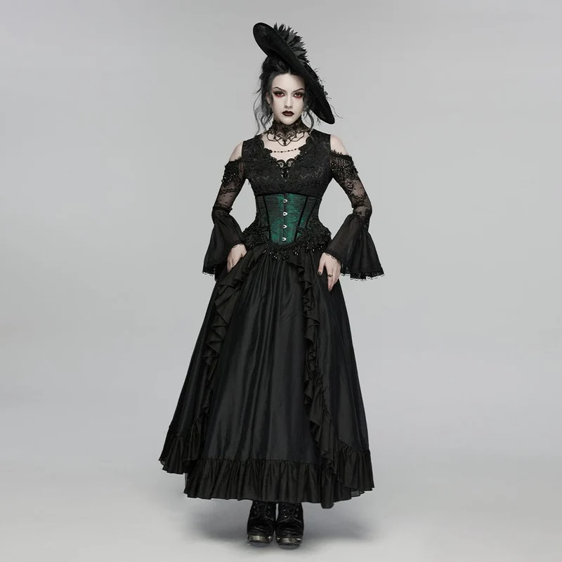 Gothic-Maxikleid für Damen mit Rüschen, Applikationen und Perlenbesatz, Hochzeitskleid