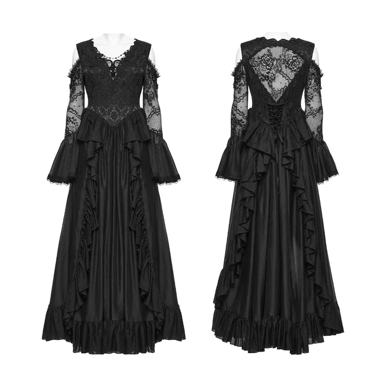 Gothic-Maxikleid für Damen mit Rüschen, Applikationen und Perlenbesatz, Hochzeitskleid