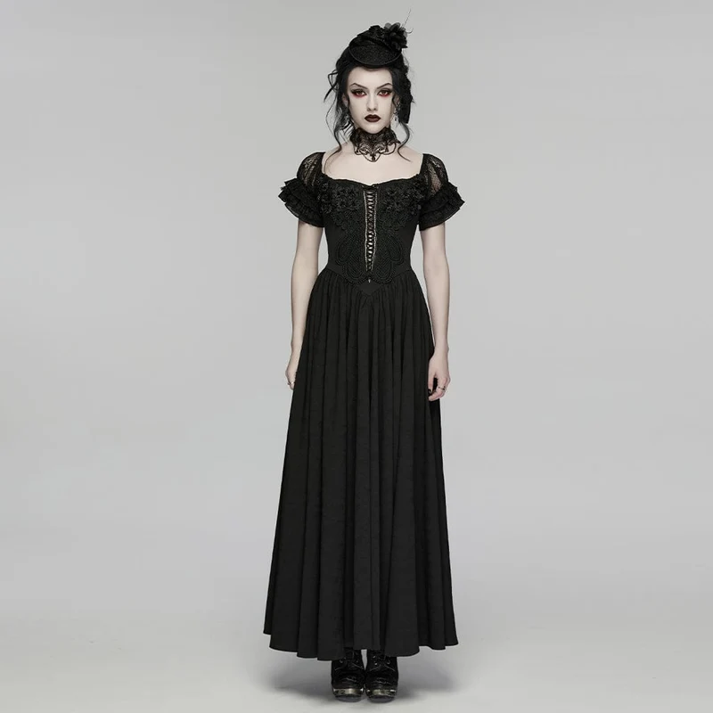 Gothic-Maxikleid mit Blumenmuster, Rüschen und schulterfreiem Schnitt, Brautkleid