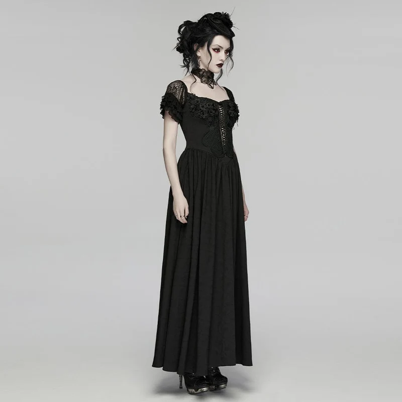 Gothic-Maxikleid mit Blumenmuster, Rüschen und schulterfreiem Schnitt, Brautkleid