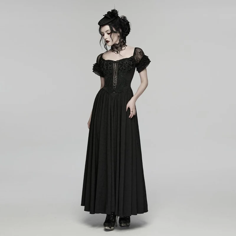 Gothic-Maxikleid mit Blumenmuster, Rüschen und schulterfreiem Schnitt, Brautkleid