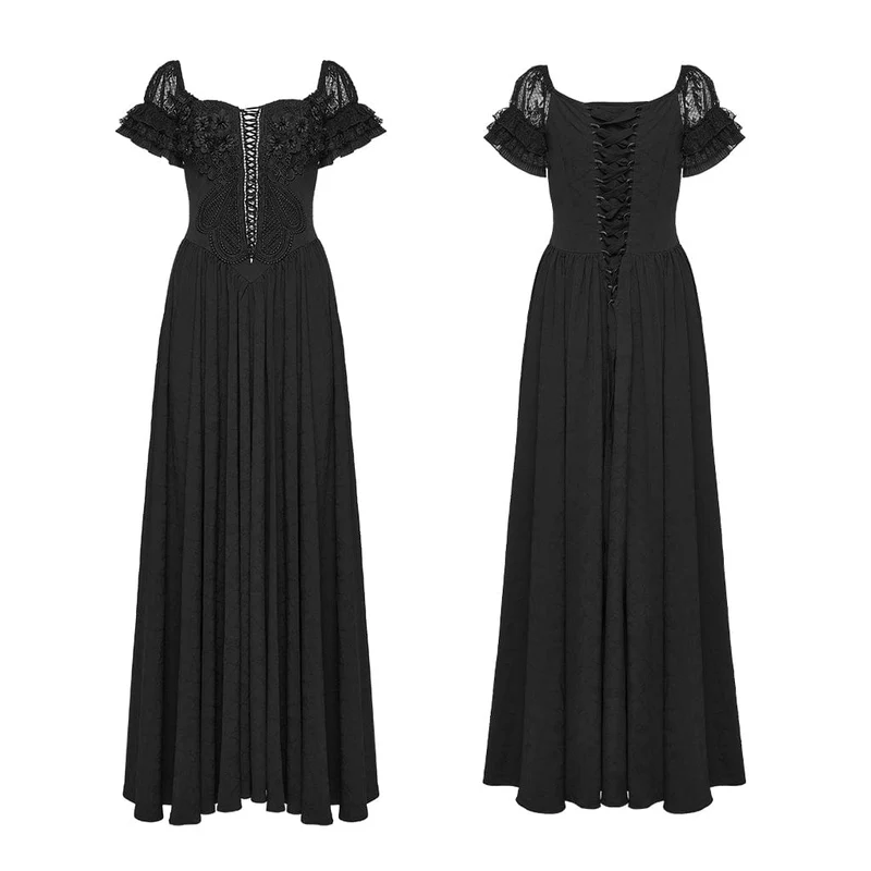 Gothic-Maxikleid mit Blumenmuster, Rüschen und schulterfreiem Schnitt, Brautkleid
