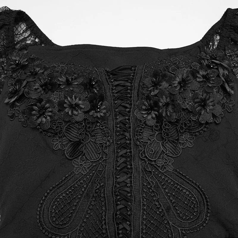 Gothic-Maxikleid mit Blumenmuster, Rüschen und schulterfreiem Schnitt, Brautkleid