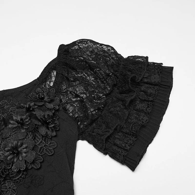 Gothic-Maxikleid mit Blumenmuster, Rüschen und schulterfreiem Schnitt, Brautkleid