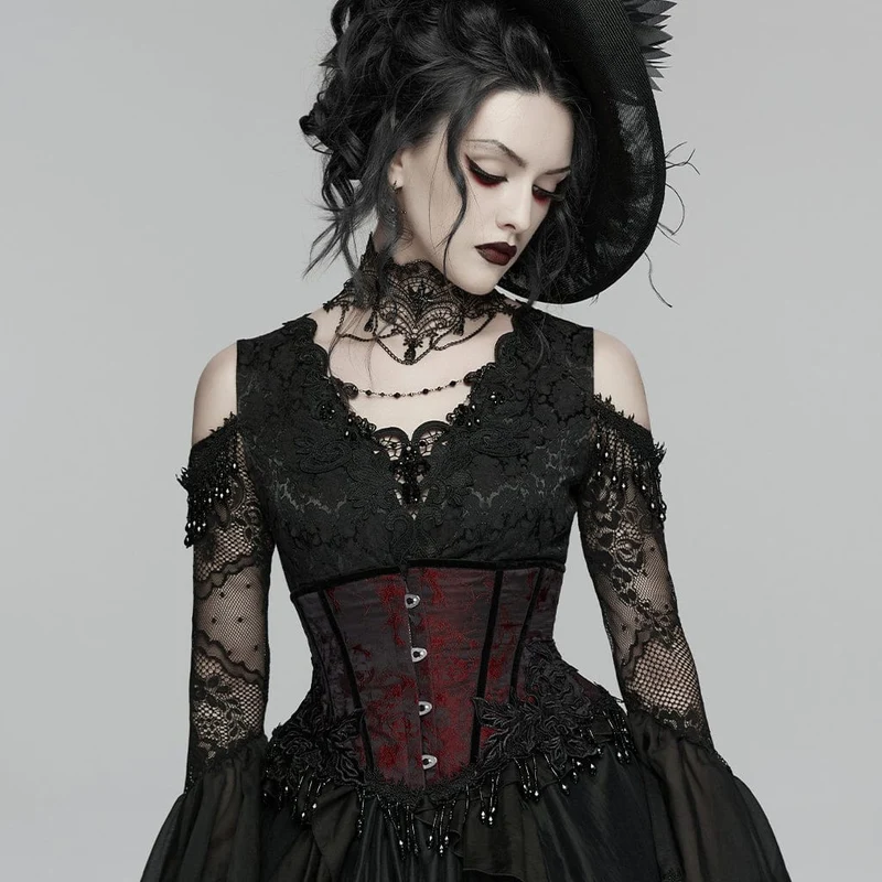 Gothic-Jacquard-Unterbrustkorsett für Damen mit Quasten, schwarz-rot