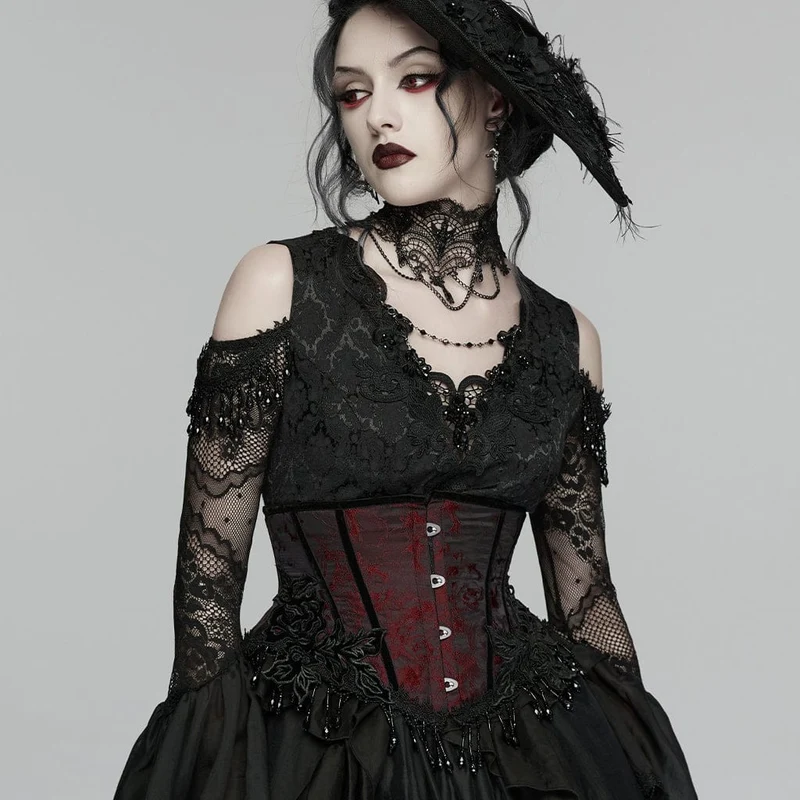 Gothic-Jacquard-Unterbrustkorsett für Damen mit Quasten, schwarz-rot
