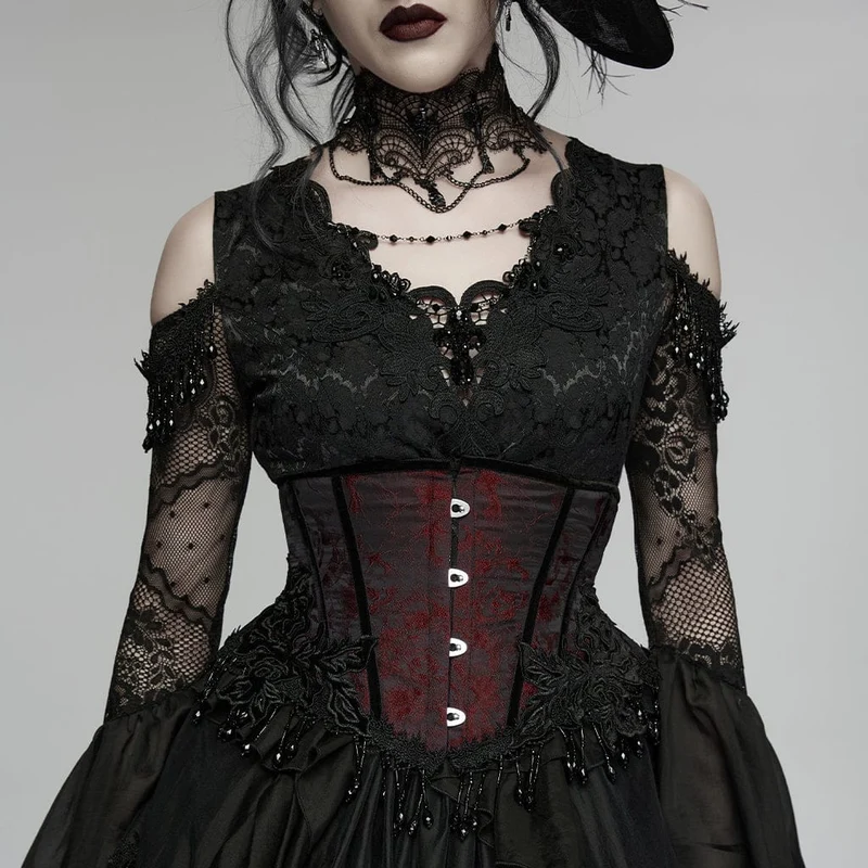 Gothic-Jacquard-Unterbrustkorsett für Damen mit Quasten, schwarz-rot