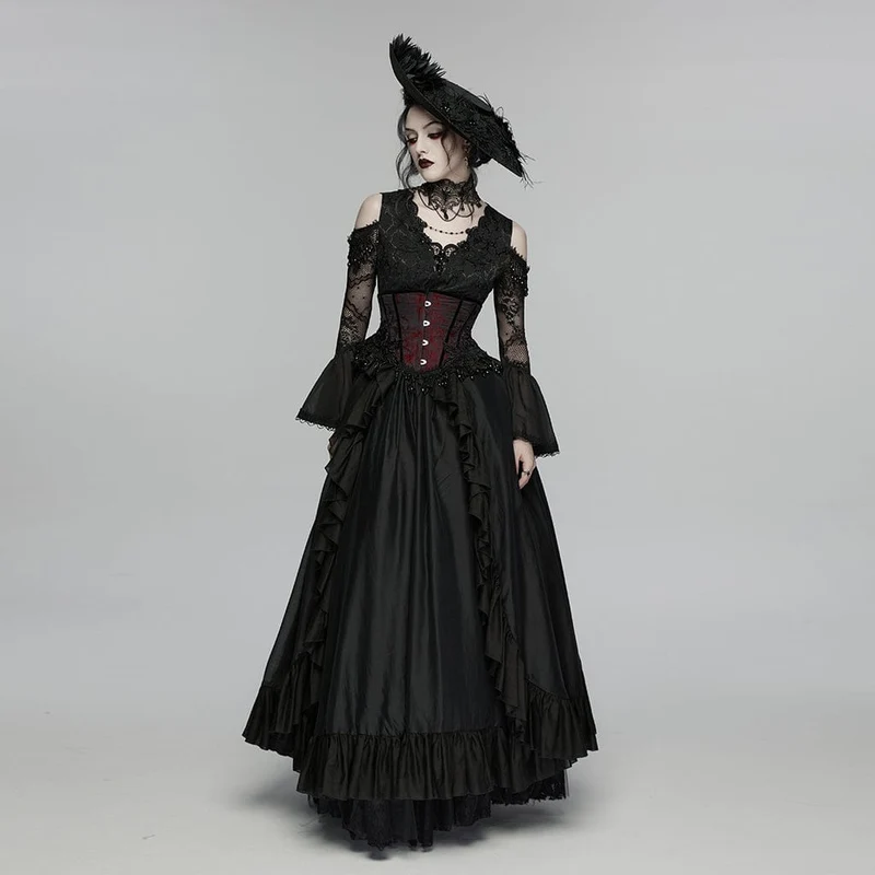 Gothic-Jacquard-Unterbrustkorsett für Damen mit Quasten, schwarz-rot