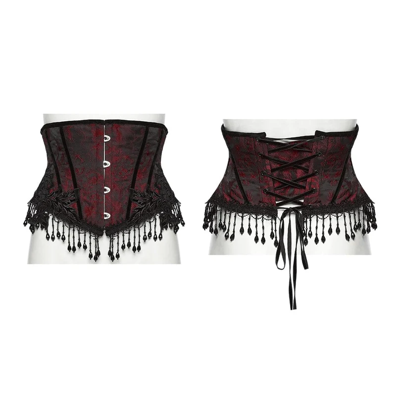 Gothic-Jacquard-Unterbrustkorsett für Damen mit Quasten, schwarz-rot