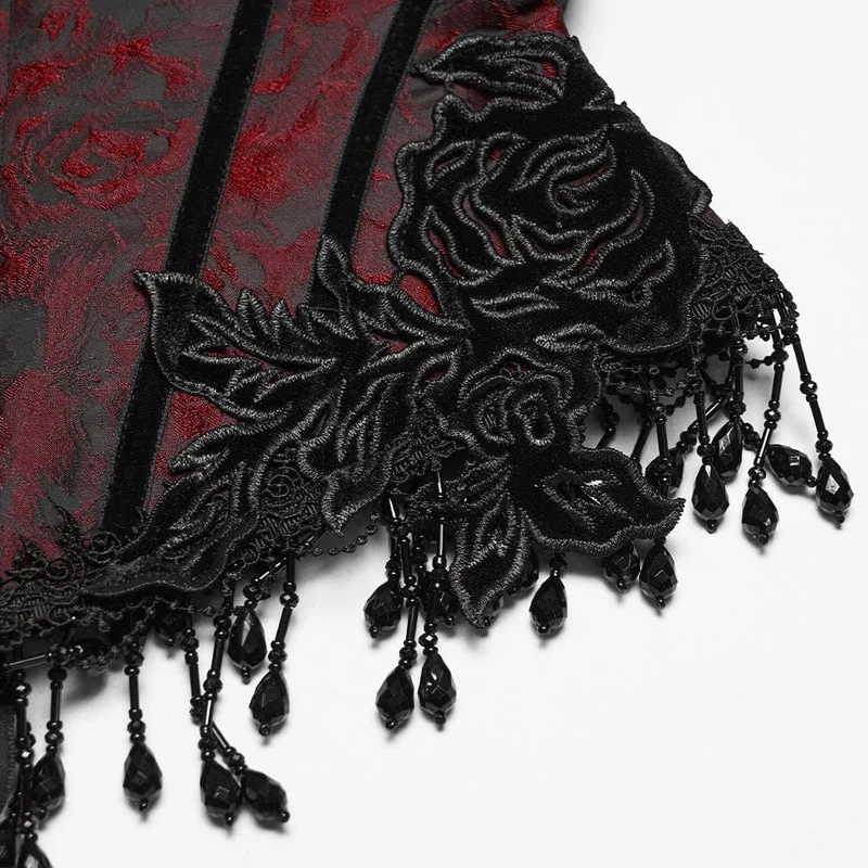 Gothic-Jacquard-Unterbrustkorsett für Damen mit Quasten, schwarz-rot