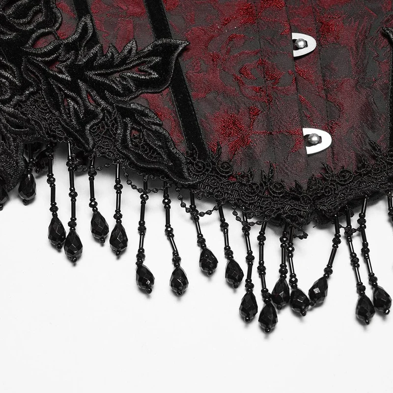 Gothic-Jacquard-Unterbrustkorsett für Damen mit Quasten, schwarz-rot
