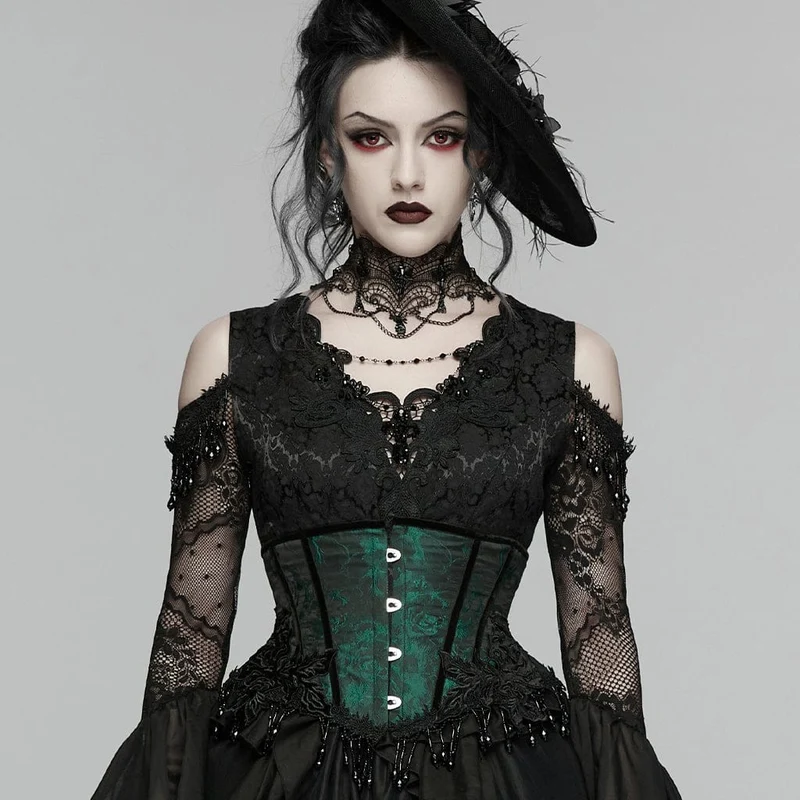 Gothic-Jacquard-Unterbrustkorsett für Damen mit Quasten, schwarz-grün