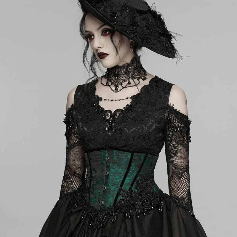 Gothic-Jacquard-Unterbrustkorsett für Damen mit Quasten, schwarz-grün
