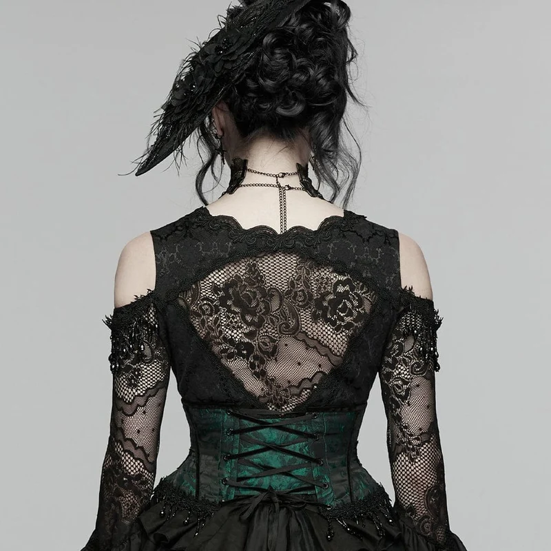 Gothic-Jacquard-Unterbrustkorsett für Damen mit Quasten, schwarz-grün