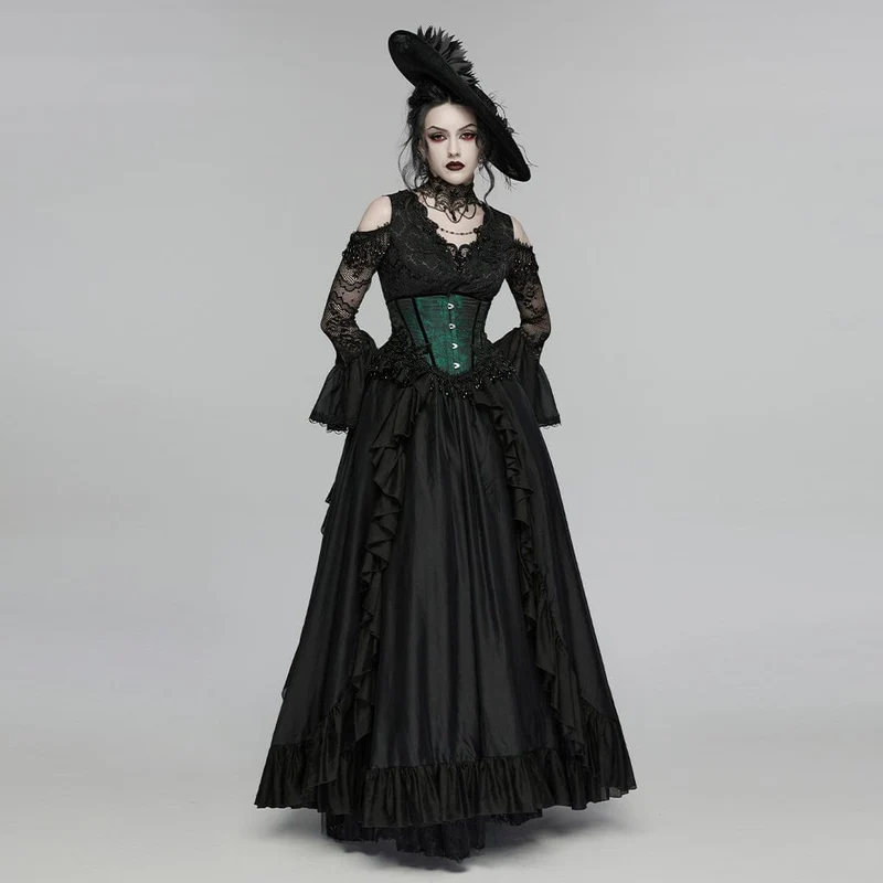 Gothic-Jacquard-Unterbrustkorsett für Damen mit Quasten, schwarz-grün