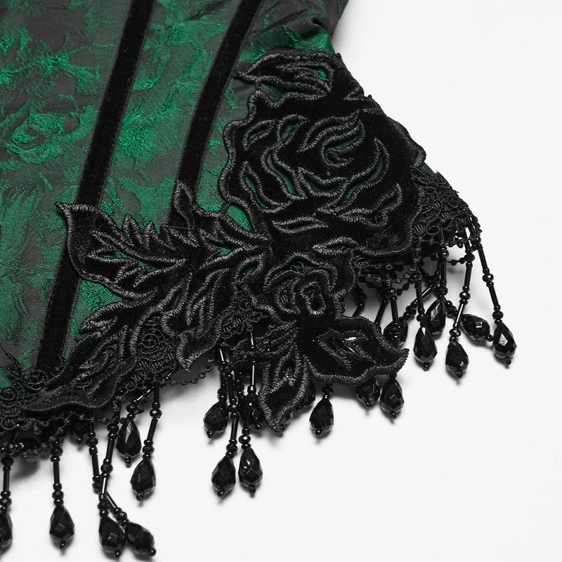 Gothic-Jacquard-Unterbrustkorsett für Damen mit Quasten, schwarz-grün