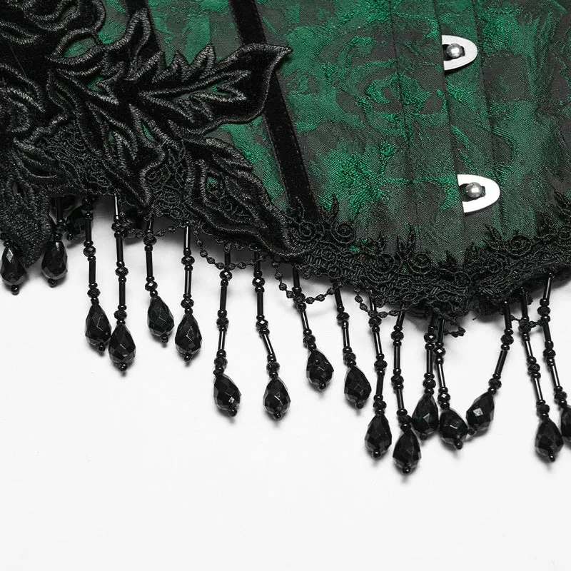 Gothic-Jacquard-Unterbrustkorsett für Damen mit Quasten, schwarz-grün