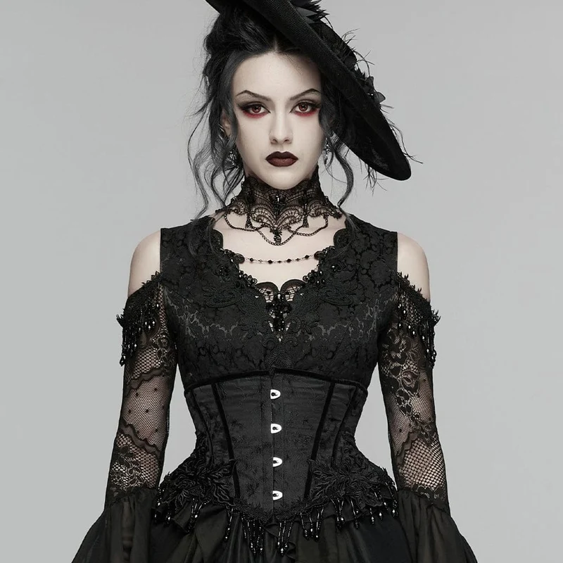 Schwarzes Gothic-Jacquard-Unterbrustkorsett mit Quasten für Damen