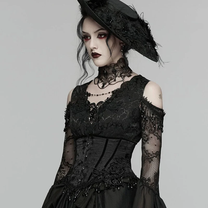 Schwarzes Gothic-Jacquard-Unterbrustkorsett mit Quasten für Damen