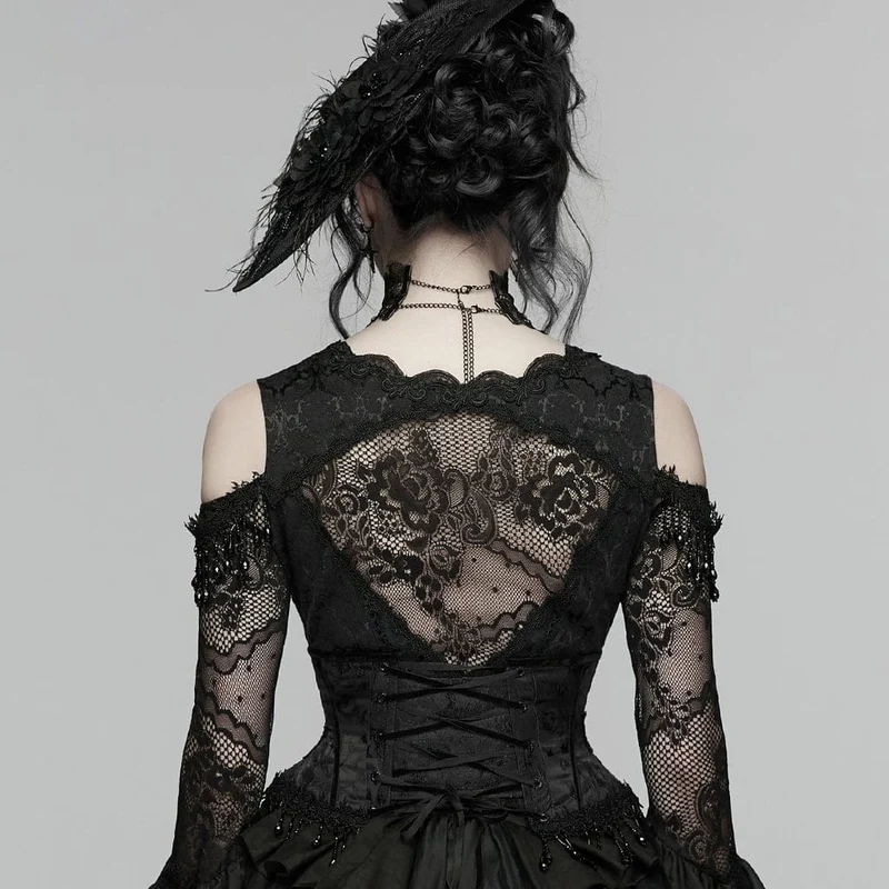 Schwarzes Gothic-Jacquard-Unterbrustkorsett mit Quasten für Damen