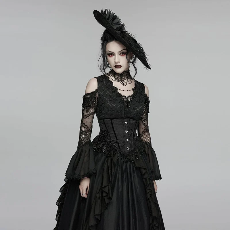 Schwarzes Gothic-Jacquard-Unterbrustkorsett mit Quasten für Damen