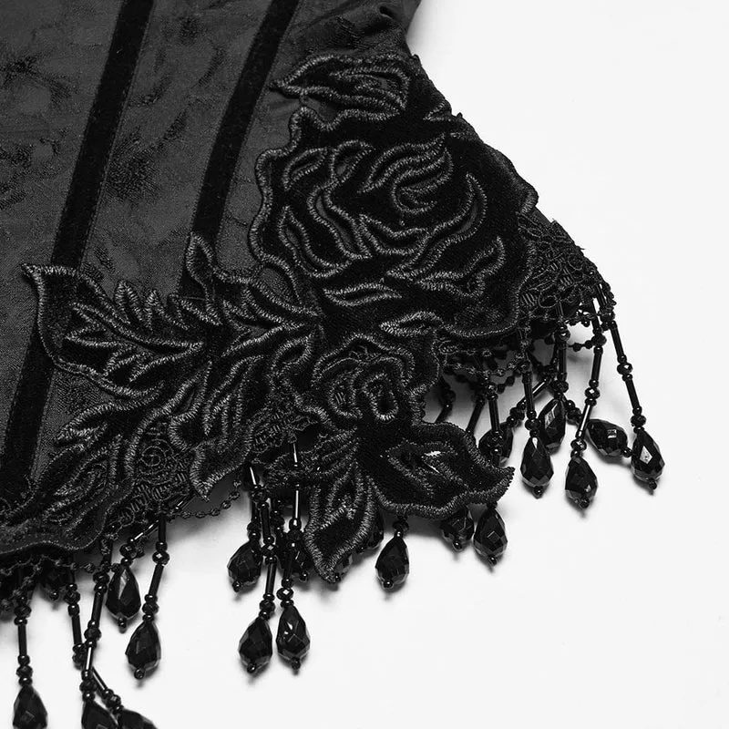 Schwarzes Gothic-Jacquard-Unterbrustkorsett mit Quasten für Damen