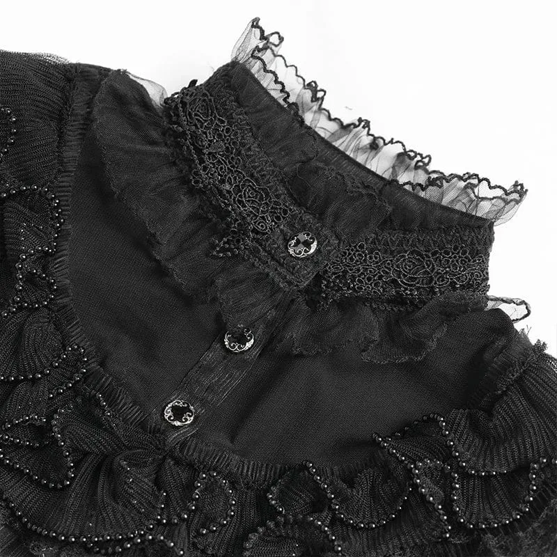 Schwarzes, gotisches Damenhemd mit Rüschen, Stehkragen, Puffärmeln und kurzen Ärmeln