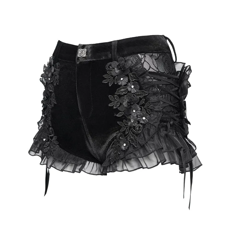 Punk-Shorts für Damen mit Blumenmuster, Rüschen und Schnürung aus Mesh