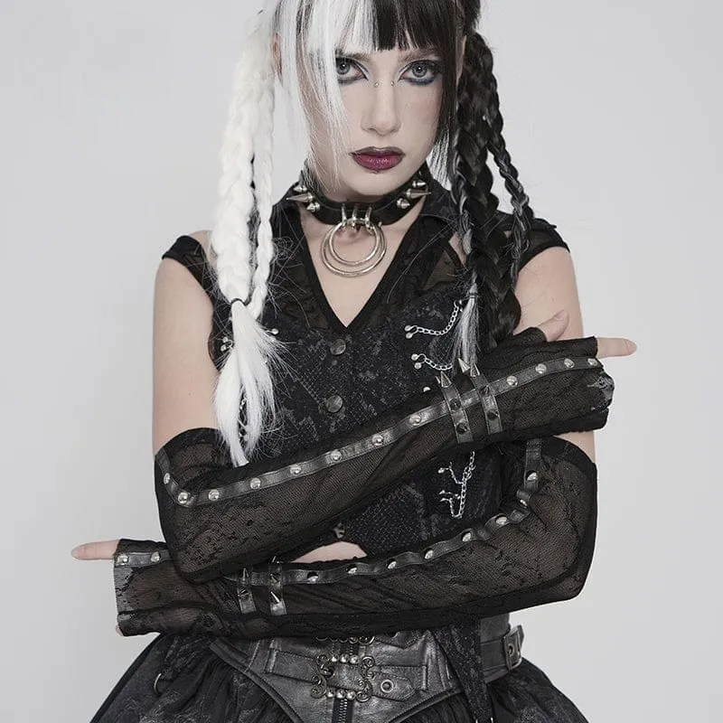 Damen-Handschuhe aus bedrucktem Mesh mit Punk-Nieten