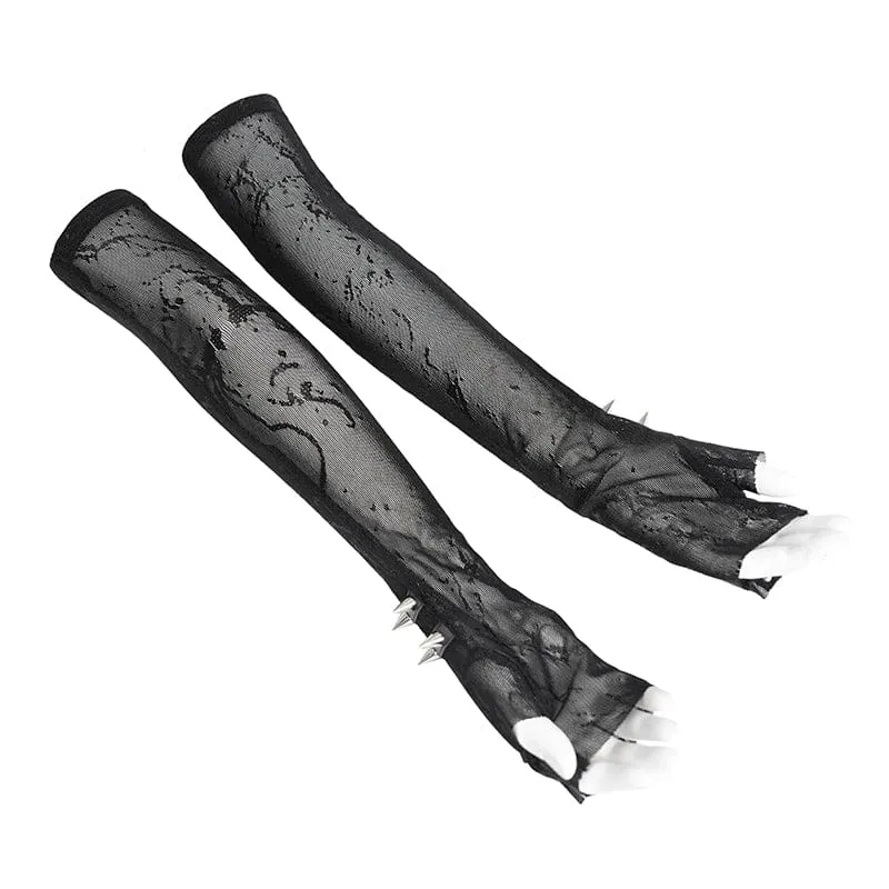 Damen-Handschuhe aus bedrucktem Mesh mit Punk-Nieten