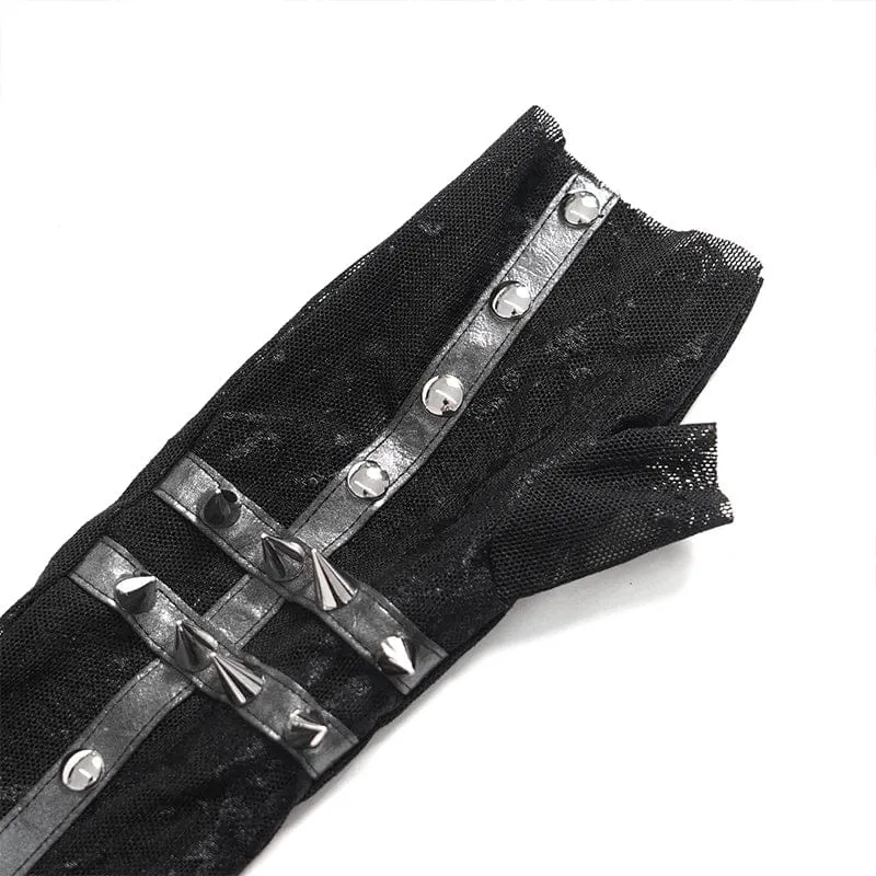 Damen-Handschuhe aus bedrucktem Mesh mit Punk-Nieten
