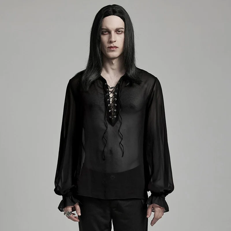 Herren-Hemd aus transparentem Chiffon mit Schnürung und Laternenärmeln im Gothic-Stil