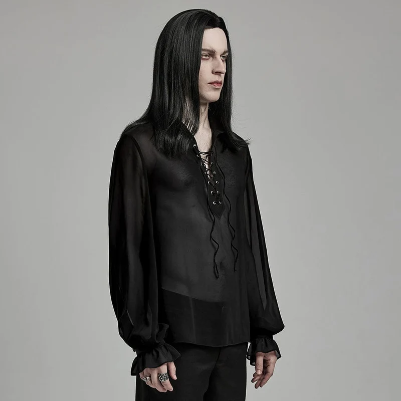 Herren-Hemd aus transparentem Chiffon mit Schnürung und Laternenärmeln im Gothic-Stil