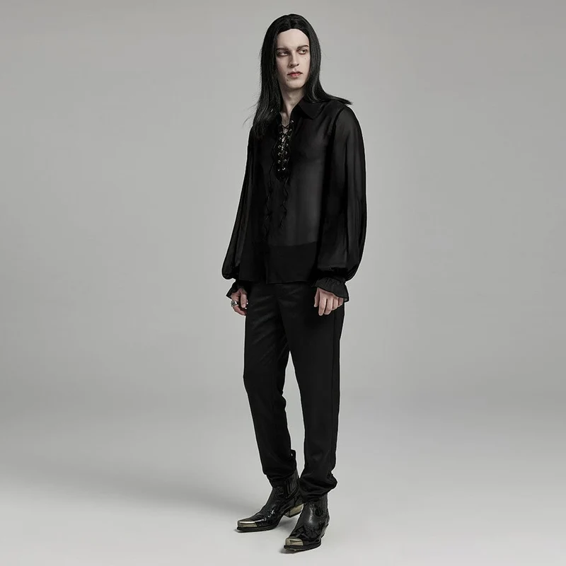 Herren-Hemd aus transparentem Chiffon mit Schnürung und Laternenärmeln im Gothic-Stil