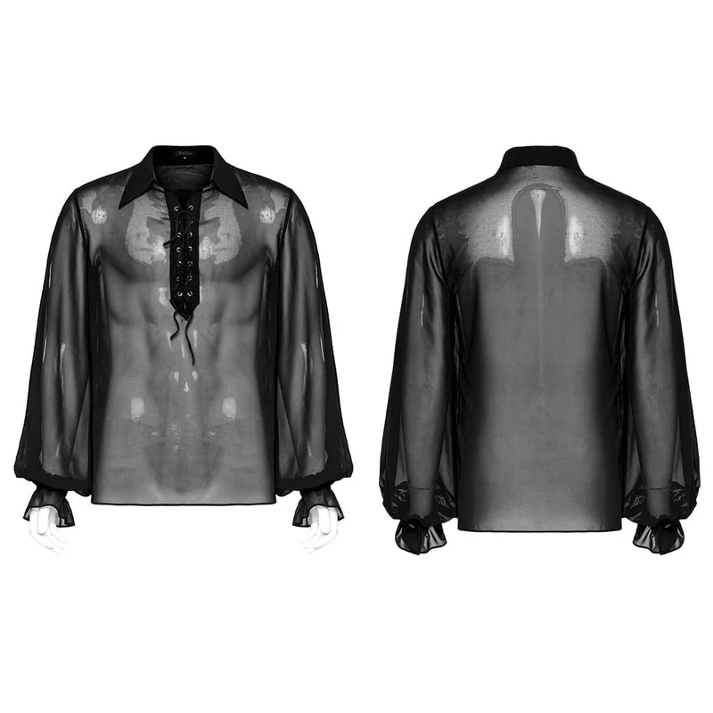 Herren-Hemd aus transparentem Chiffon mit Schnürung und Laternenärmeln im Gothic-Stil