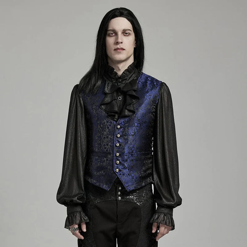 Herren-Gothic-Weste mit floralem Jacquard-Schnürmuster in Schwarz und Blau