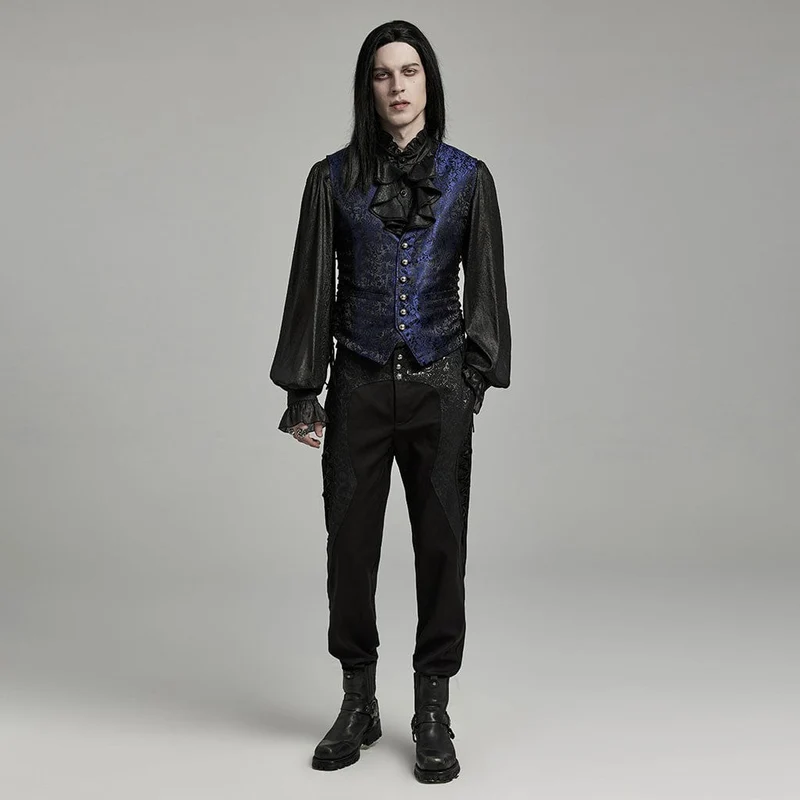 Herren-Gothic-Weste mit floralem Jacquard-Schnürmuster in Schwarz und Blau