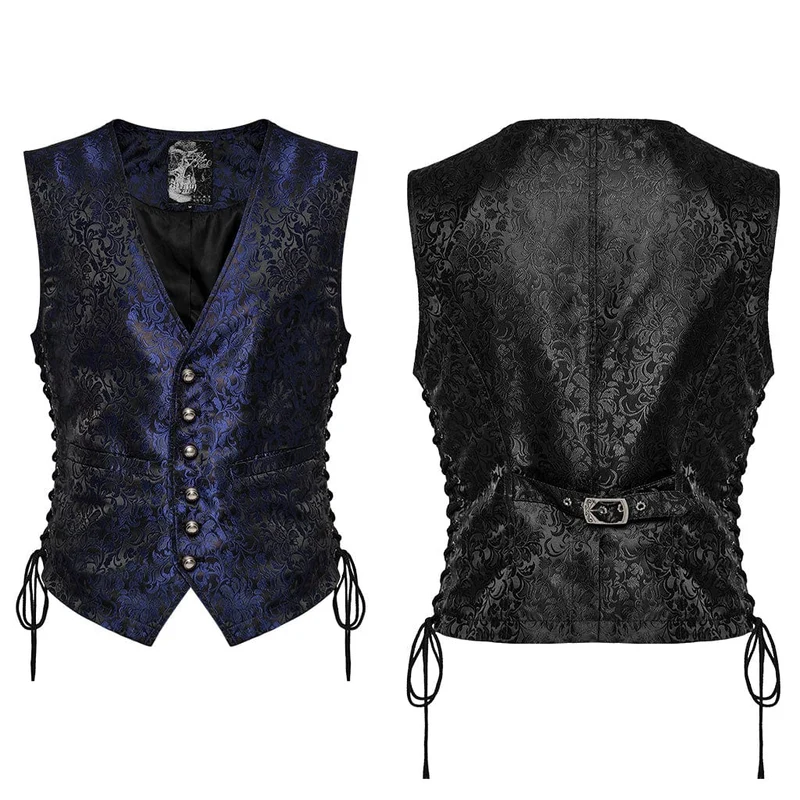 Herren-Gothic-Weste mit floralem Jacquard-Schnürmuster in Schwarz und Blau