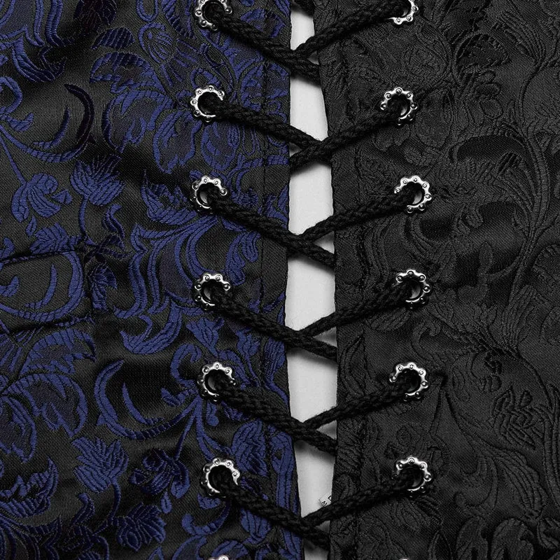 Herren-Gothic-Weste mit floralem Jacquard-Schnürmuster in Schwarz und Blau