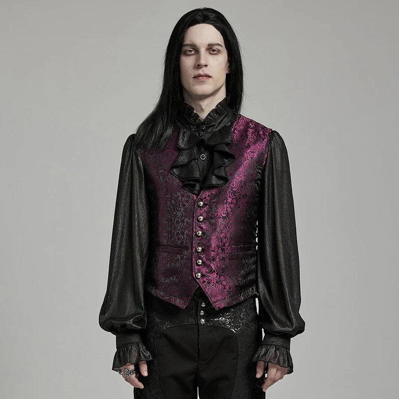 Herren-Gothic-Weste mit floralem Jacquard-Schnürmuster in Schwarz und Rot