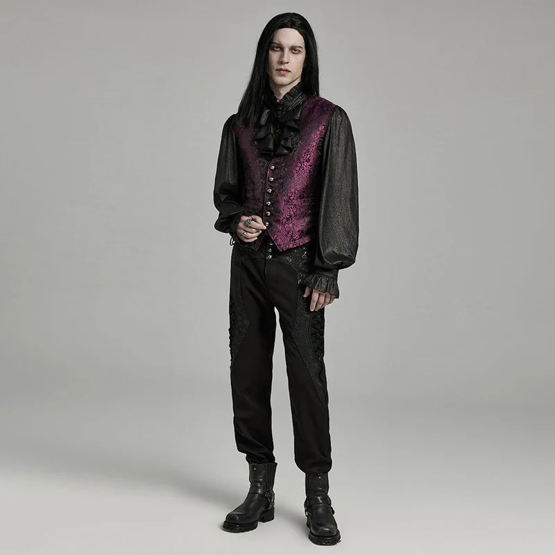 Herren-Gothic-Weste mit floralem Jacquard-Schnürmuster in Schwarz und Rot
