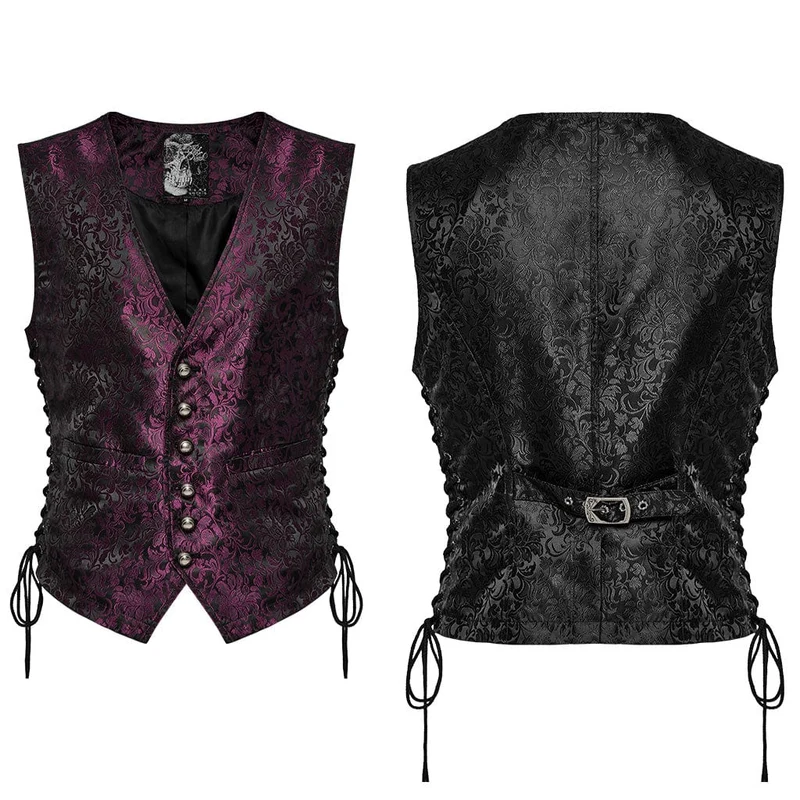 Herren-Gothic-Weste mit floralem Jacquard-Schnürmuster in Schwarz und Rot