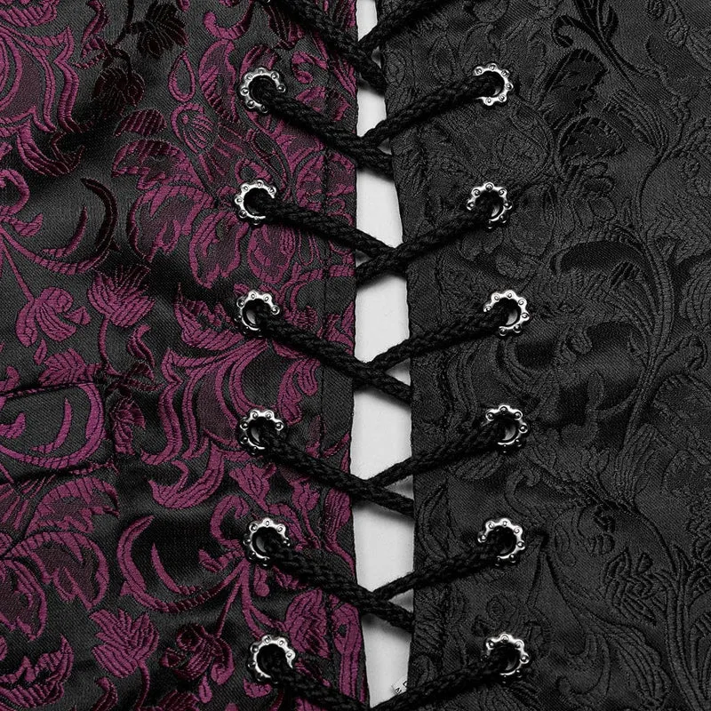 Herren-Gothic-Weste mit floralem Jacquard-Schnürmuster in Schwarz und Rot
