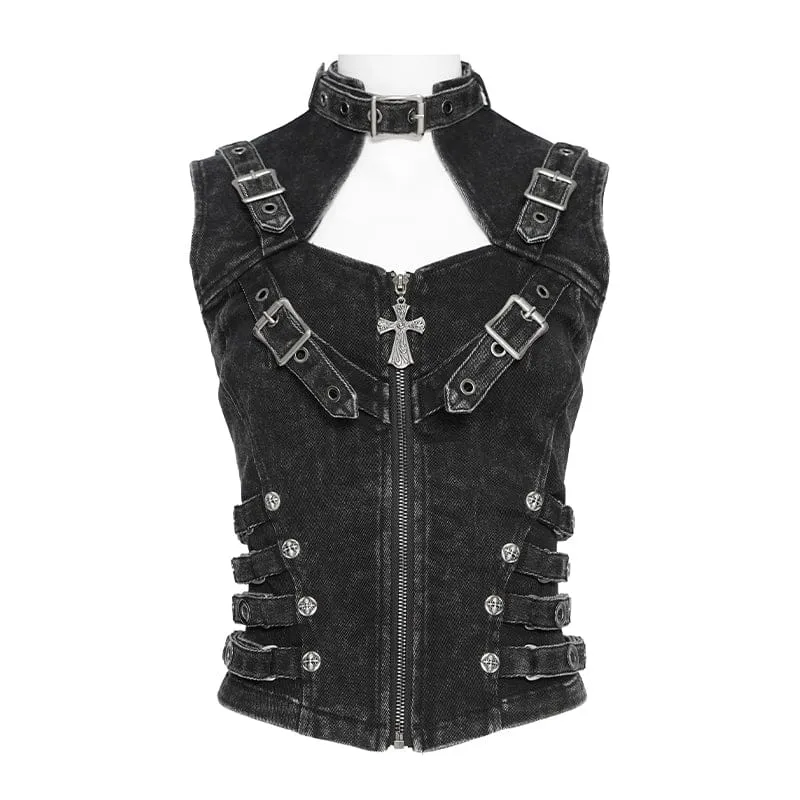 Punk-Weste für Damen mit Schnallenriemen, Reißverschluss und Cut-outs