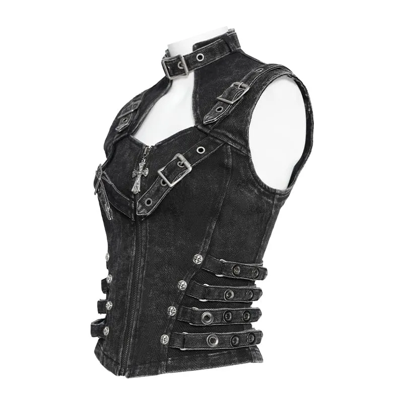 Punk-Weste für Damen mit Schnallenriemen, Reißverschluss und Cut-outs