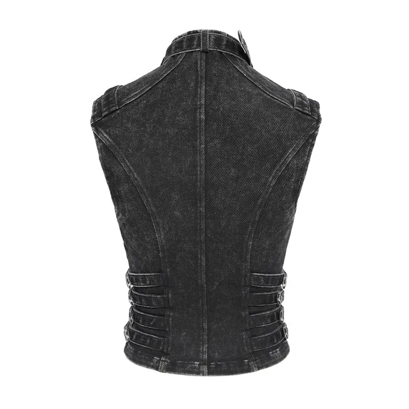 Punk-Weste für Damen mit Schnallenriemen, Reißverschluss und Cut-outs