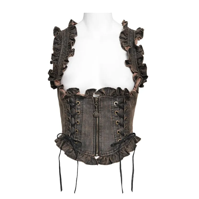 Steampunk-Weste für Damen mit Schnürung, Reißverschluss und Schwalbenschwanz-Design, Bronze