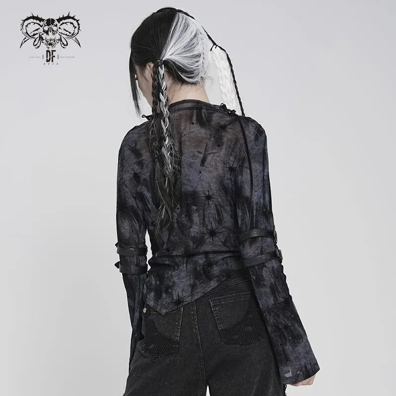 Punk-Damenhemd mit asymmetrischem Ausschnitt und Print, langärmlig