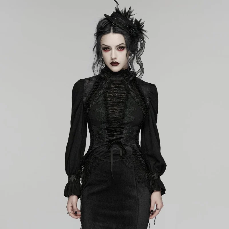 Schwarze gotische Jacquard-Weste für Damen mit Schnürung und Stickerei